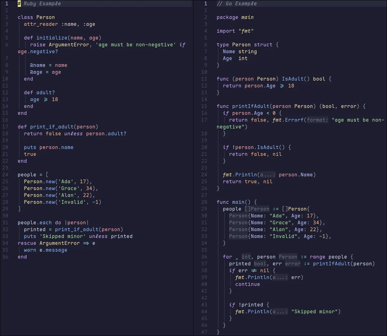 The same Ruby and Go snippet from earlier rendered in Catppuccin