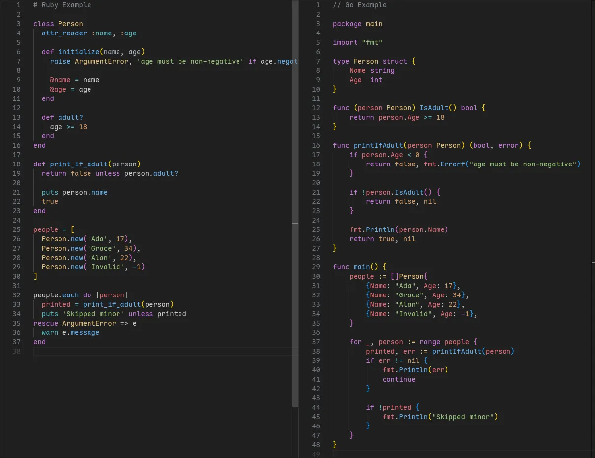 The same Ruby and Go snippet from earlier rendered in OneDark