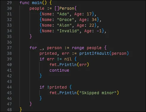 Red repeated across properties and parameters in OneDark’s Go example, dominating the syntax instead of marking rare interruptions