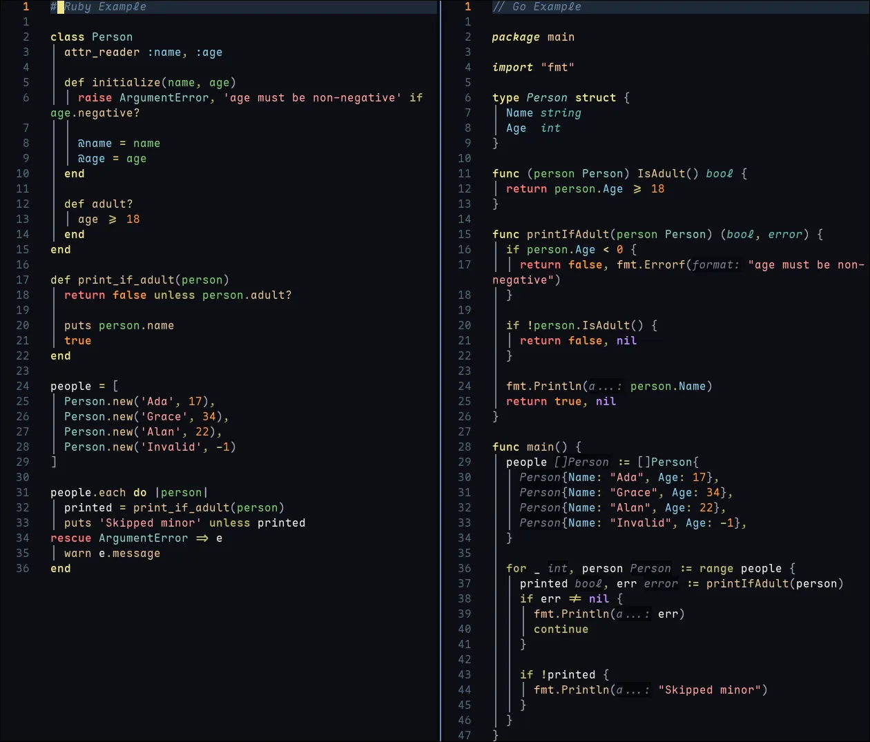 Ruby and Go side by side using Oasis, demonstrating consistent colors for equivalent semantic roles